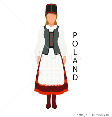 Woman in Polish folk retro costume. Culture and traditions of Poland. Illustration, vector 107900530