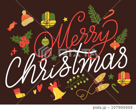 Merry Christmas card. Vector illustration. A postcard with gifts and Christmas tree is beautiful holiday greeting The Merry Christmas concept is blend joy, family, and celebrations The red Merry Christmas card. Vector illustration. A postcard with gifts and Christmas tree is beautiful holiday greeting The Merry Christmas concept is blend joy, family, and celebrations The red 107900808