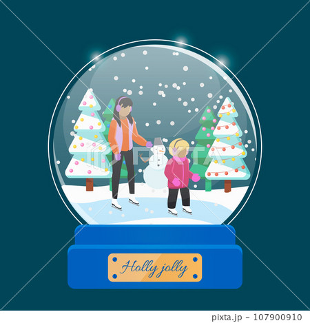 Christmas background. Xmas ornaments Glass ball with snow in old town inside. Christmas tree decorations transparent ball with happy people walking together on winter snowy evening on city street Christmas background. Xmas ornaments Glass ball with snow in old town inside. Christmas tree decorations transparent ball with happy people walking together on winter snowy evening on city street 107900910