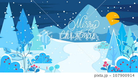 Merry Christmas card. Vector illustration. Xmas celebrations bring joy heart and warmth home The text on greeting card wished everyone joy and love Winter landscape fill homes with festive Merry Christmas card. Vector illustration. Xmas celebrations bring joy heart and warmth home The text on greeting card wished everyone joy and love Winter landscape fill homes with festive 107900914