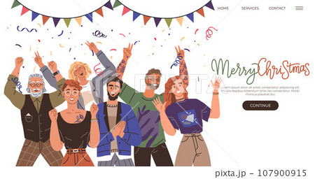 Merry Christmas card. Vector illustration. The Christmas tree sparkled with golden lights and people A background with snowy scenes sets mood for Merry Christmas card The holiday season party 107900915