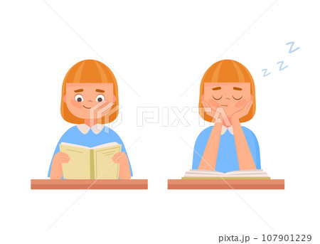 Cute girl read and sleep with book in class. Sleeping child at the study table Cute girl read and sleep with book in class. Sleeping child at the study table 107901229