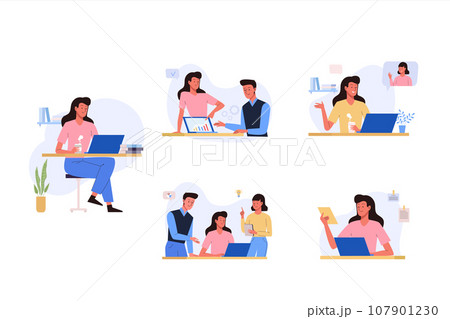 Office working process Set. Woman sitting at the table with laptop, communicates with colleagues, discussing project on dashboard Office working process Set. Woman sitting at the table with laptop, communicates with colleagues, discussing project on dashboard 107901230