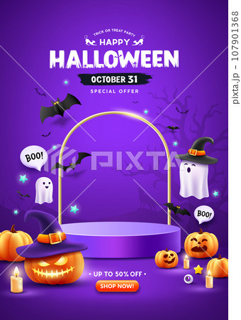 Happy Halloween sale purple podium, pumpkin with hat, ghost, candle, and bat on purple poster  107901368