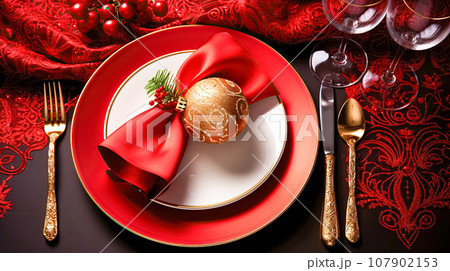 Modern table setting, red empty plates, gold cutlery, decorations from glass shiny balls and fir branches, festive table Modern table setting, red empty plates, gold cutlery, decorations from glass shiny balls and fir branches, festive table 107902153