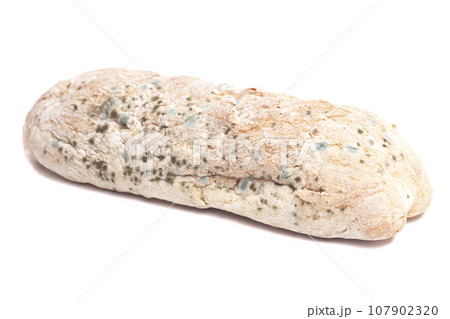 Spoiled loaf of white bread with mold isolated on white background. Spoiled loaf of white bread with mold isolated on white background. 107902320