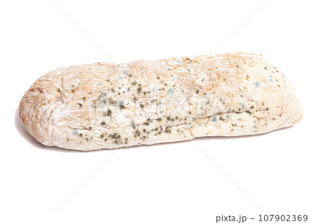 Spoiled loaf of white bread with mold isolated on white background. 107902369