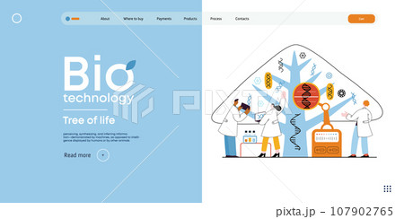 Bio Technology, Tree of life - modern flat vector concept illustration of scientists observing the tree, whose leaves represent various types of DNA. Metaphor of genetic research and diversity of life 107902765