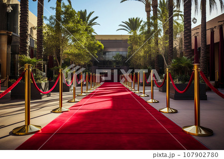 Red carpet with golden barriers and red ropes. Marking the route for celebrities, heads of state on ceremonial events, formal occasions. Red carpet entry, a way to success, VIP persons party entrance 107902780