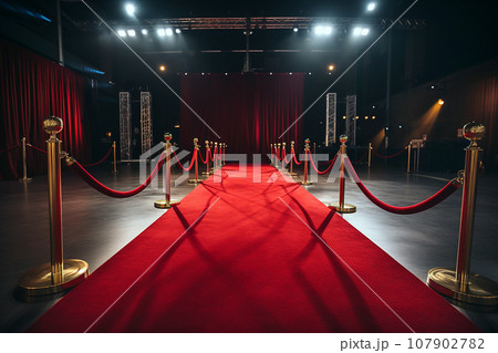 Red carpet with golden barriers and red ropes. Marking the route for celebrities, heads of state on ceremonial events, formal occasions. Red carpet entry, a way to success, VIP persons party entrance 107902782