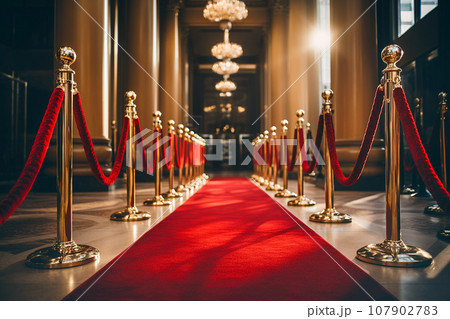 Red carpet with golden barriers and red ropes. Marking the route for celebrities, heads of state on ceremonial events, formal occasions. Red carpet entry, a way to success, VIP persons party entrance 107902783