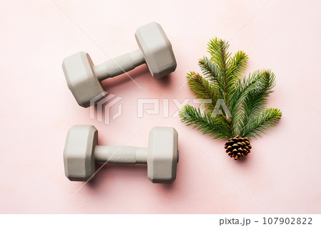 Christmas dumbbells flat lay with pine branches. New Year new you, concept of sport, winter sale season, healthy lifestyle, gym workout and sport training. Exercise equipment, New Year resolutions 107902822