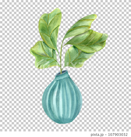 Stylish plant with huge green leaves in blue ceramic pot. Houseplants with fiddle leaf fig, interior decor, label, logo, greetings. Indoor gardening. Watercolor illustration 107903032