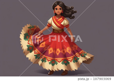 an illustration of a mexican girl in a traditional dress 107903069
