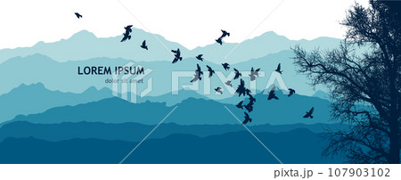 Silhouette of birds flying over blue mountains - Beautiful landscape with blue misty silhouettes of mountains . hand drawing. Not AI, Illustrat3. Vector illustration 107903102