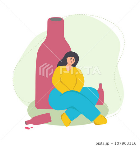 Female alcoholism. Sad girl with depression and a bottle of wine. Bad habit, alcohol addiction. Flat vector illustration 107903316
