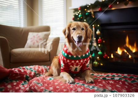 Cute dog golden retriever puppy in ugly sweater on carpet on floor in room decorated for Christmas. Generative AI 107903326