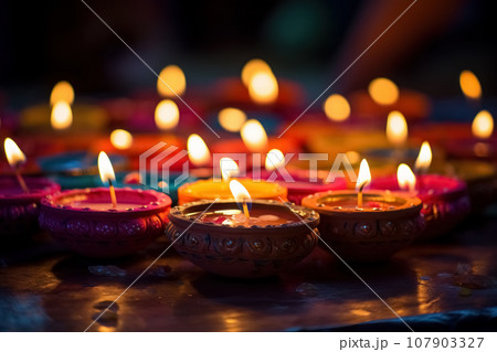 Colorful diya lit traditional oil lamps for holiday hindu diwali, festival of lights celebration. Generative AI 107903327