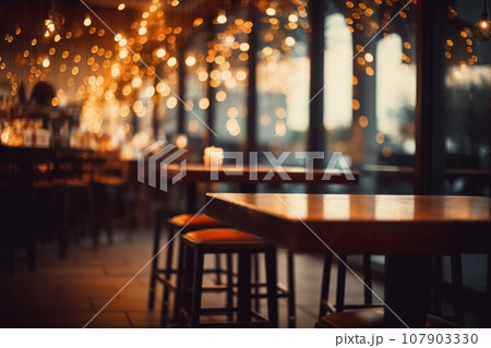 Outside evening bar, blurred defocused background with lights showcase, bar counter, table, high chairs, backdrop with copy space. Generative AI 107903330