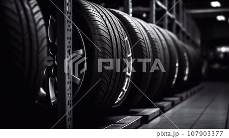 Car tires in a car shop. Car service. Car wheel. 107903377