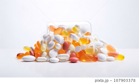 Heaps of pills poured from a bottle isolated on white background, cut out 107903378
