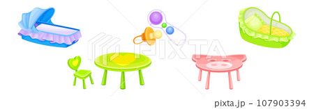 Baby Nursery and Infant Objects with Cradle, Table and Rattle Vector Set Baby Nursery and Infant Objects with Cradle, Table and Rattle Vector Set 107903394