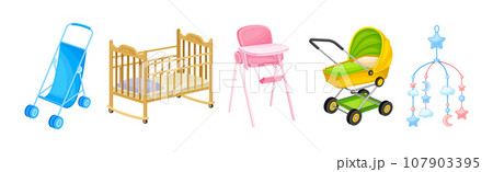 Baby Nursery and Infant Objects with Baby Carriage, Chair and Crib Vector Set Baby Nursery and Infant Objects with Baby Carriage, Chair and Crib Vector Set 107903395