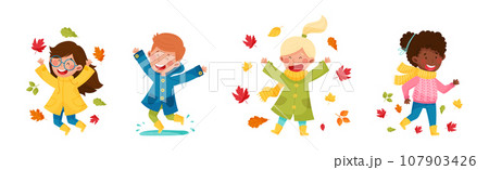 Happy Children Characters in Autumn Season Walking Jump in Puddle and Throwing Leaves Vector Set Happy Children Characters in Autumn Season Walking Jump in Puddle and Throwing Leaves Vector Set 107903426