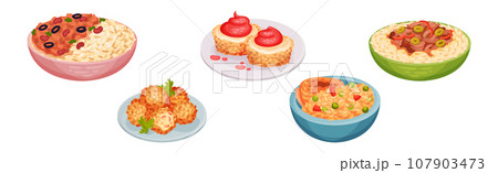 Traditional Indian Food and Dishes Served on Plate Vector Set 107903473