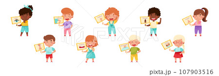 Cute Boy and Girl Character Holding Card with Body Part Picture Vector Set Cute Boy and Girl Character Holding Card with Body Part Picture Vector Set 107903516