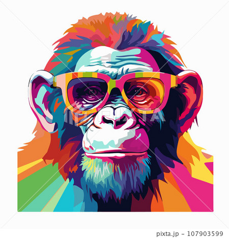 Chimpanzee rainbow, flat vector, groovy lo-fi Chimpanzee rainbow, flat vector, groovy lo-fi 107903599