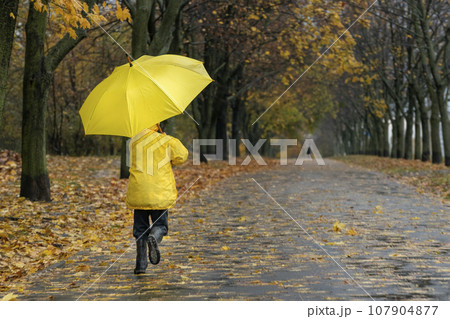 Child in yellow raincoat with large yellow umbrella in autumn park. Fallen leaves background. Back view Child in yellow raincoat with large yellow umbrella in autumn park. Fallen leaves background. Back view 107904877