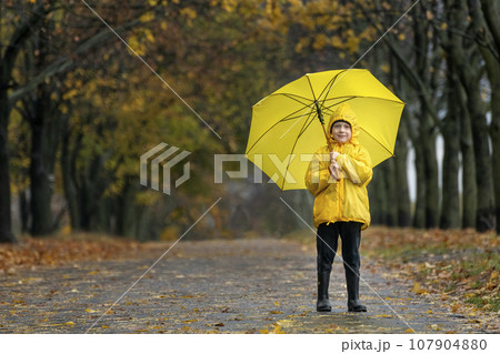 Preschooler in yellow raincoat with yellow umbrella in an autumn park. Walking on rainy fall day Preschooler in yellow raincoat with yellow umbrella in an autumn park. Walking on rainy fall day 107904880