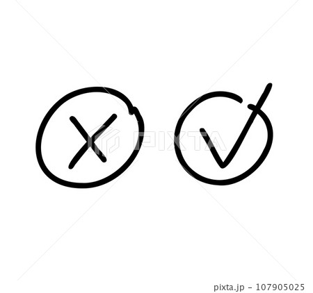 Hand drawn check and cross marks in round boxes. Vector black line icons isolated on white background. Hand drawn check and cross marks in round boxes. Vector black line icons isolated on white background. 107905025