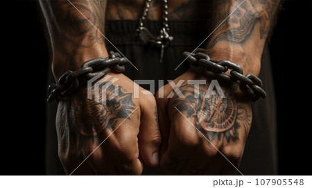 hands of a man in chains. Anti-slavery and illegal imprisonment concept hands of a man in chains. Anti-slavery and illegal imprisonment concept 107905548