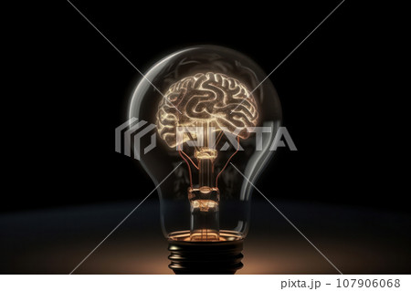 Light bulb with a glowing brain inside symbolizes the power of our cognitive abilities and the concept of inspiration. This image is perfect for showcasing mental fitness, science. AI Generative 107906068
