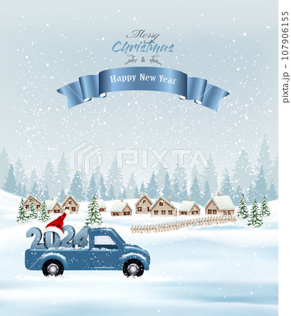 Holiday Christmas and Happy New Year background with with evening landscape and blue car with 2024 numbers and Santa hat. Winter illustration, banner, vector Holiday Christmas and Happy New Year background with with evening landscape and blue car with 2024 numbers and Santa hat. Winter illustration, banner, vector 107906155