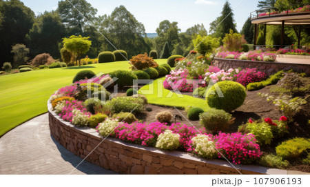 Landscape design of home garden with retaining wall, path and flowers, scenery of upscale backyard with stone walkway, lawn and plants. Concept of landscaping 107906193