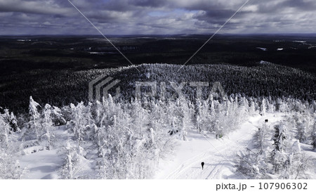 Aerial view of a small group of hikers walking though winter frozen forest. Clip. Concept of tourism. 107906302