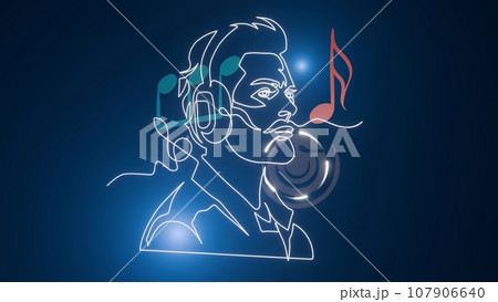 Music man head with headphones, in the style of one line light painting with music notes, 3D animation 107906640