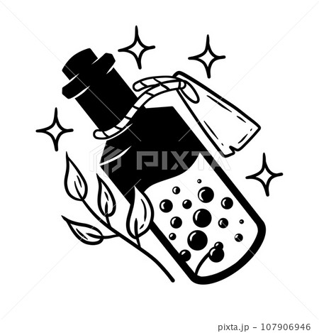 Magic bottle. Esoteric alchemy and glass elixir poison. Mystery chemistry drink. Fantasy cartoon magical mystic mixture, Vintage decorative element Magic bottle. Esoteric alchemy and glass elixir poison. Mystery chemistry drink. Fantasy cartoon magical mystic mixture, Vintage decorative element 107906946
