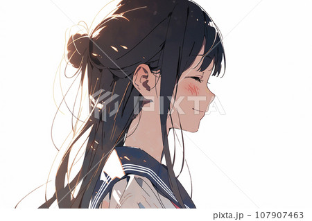 にっこりと微笑むの女子高生の横顔「AI生成画像」のイラスト素材
