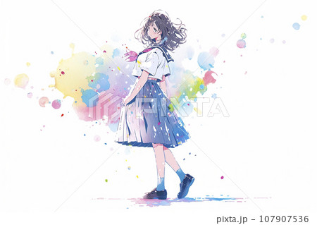 センチメンタルな女子高生の全身横向きイラスト「AI生成画像」の