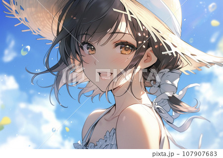麦わら帽子を被った夏の女の子「AI生成画像」のイラスト素材