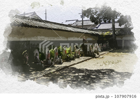 水彩画風　斑鳩寺　石仏　兵庫県揖保郡太子町 107907916