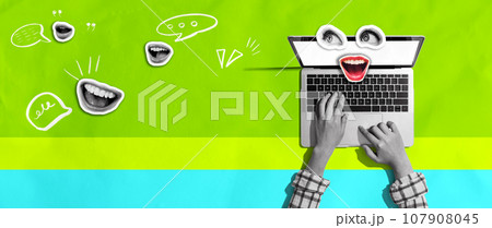 Person using a laptop computer with eyes and mouth - Photo collage 107908045