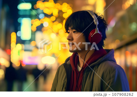 ヘッドフォンで音楽を聴く男性10　AI生成画像 107908262