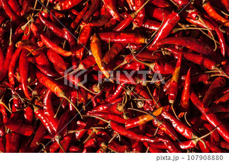 Red spicy chili peppers at asian market close up texture background 107908880