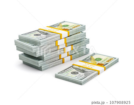 Creative business finance making money concept - stack of new new 100 US dollars 2013 edition banknotes (bills) bundles isolated on white background money stack on white 107908925
