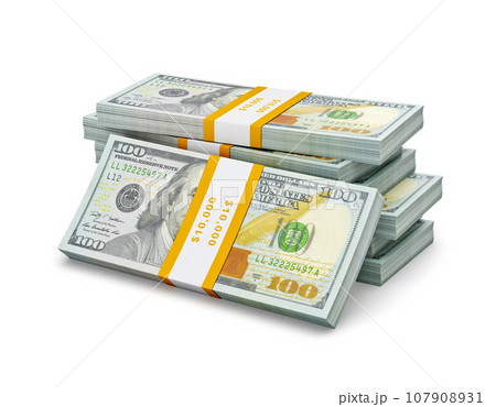 Creative business finance making money concept - stack of new new 100 US dollars 2013 edition banknotes (bills) bundles isolated on white background money stack on white Creative business finance making money concept - stack of new new 100 US dollars 2013 edition banknotes (bills) bundles isolated on white background money stack on white 107908931